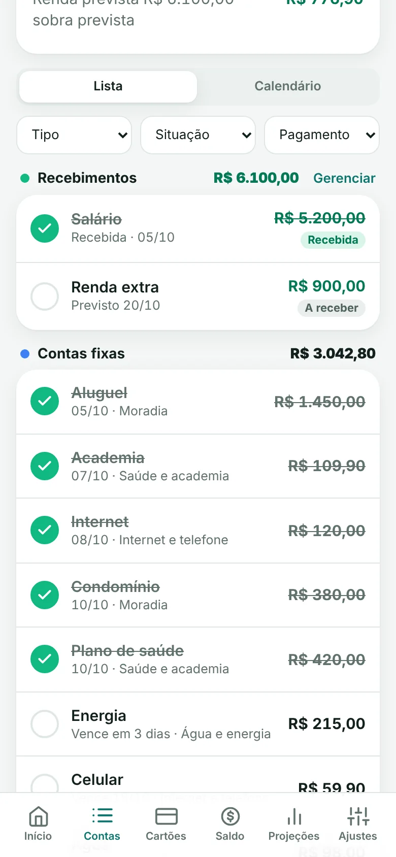 Lista de contas do mês, com as já pagas riscadas e as próximas a vencer